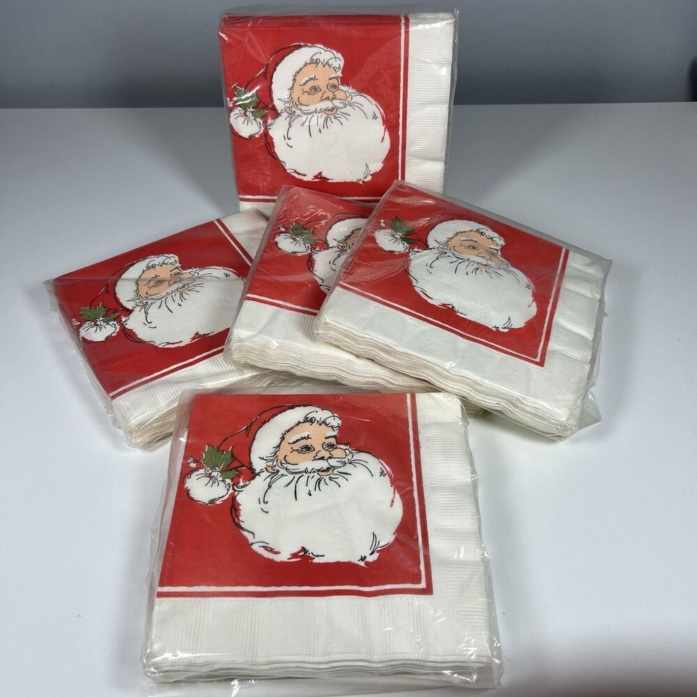 Christmas Santa Face Vintage Paper Beverage Napkin Packs Lot Hoilday. 95 Napkins
